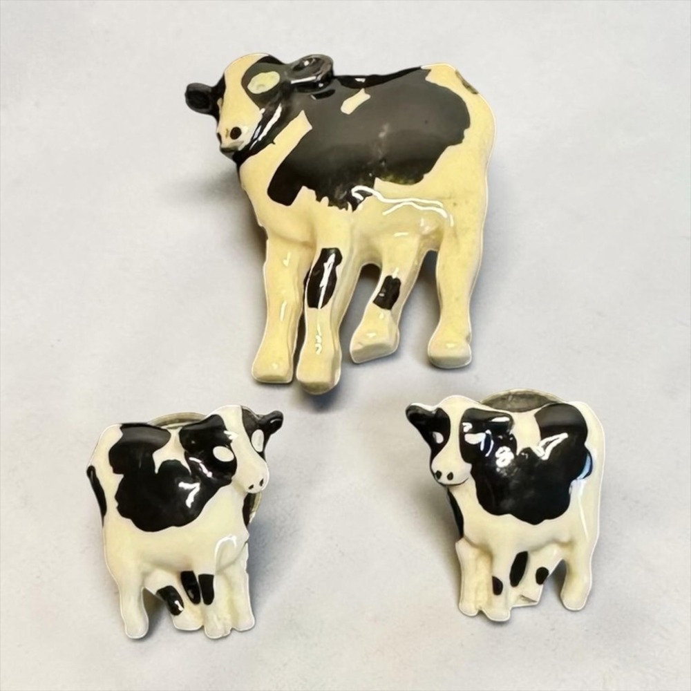 Vintage Cow Brooch + Matching Cow Earrings — Black & White Novelty Set